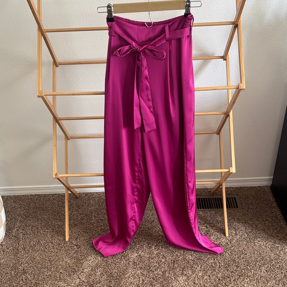 Maurices Fuchsia Satin Wide-Leg Tie-Waist Pants